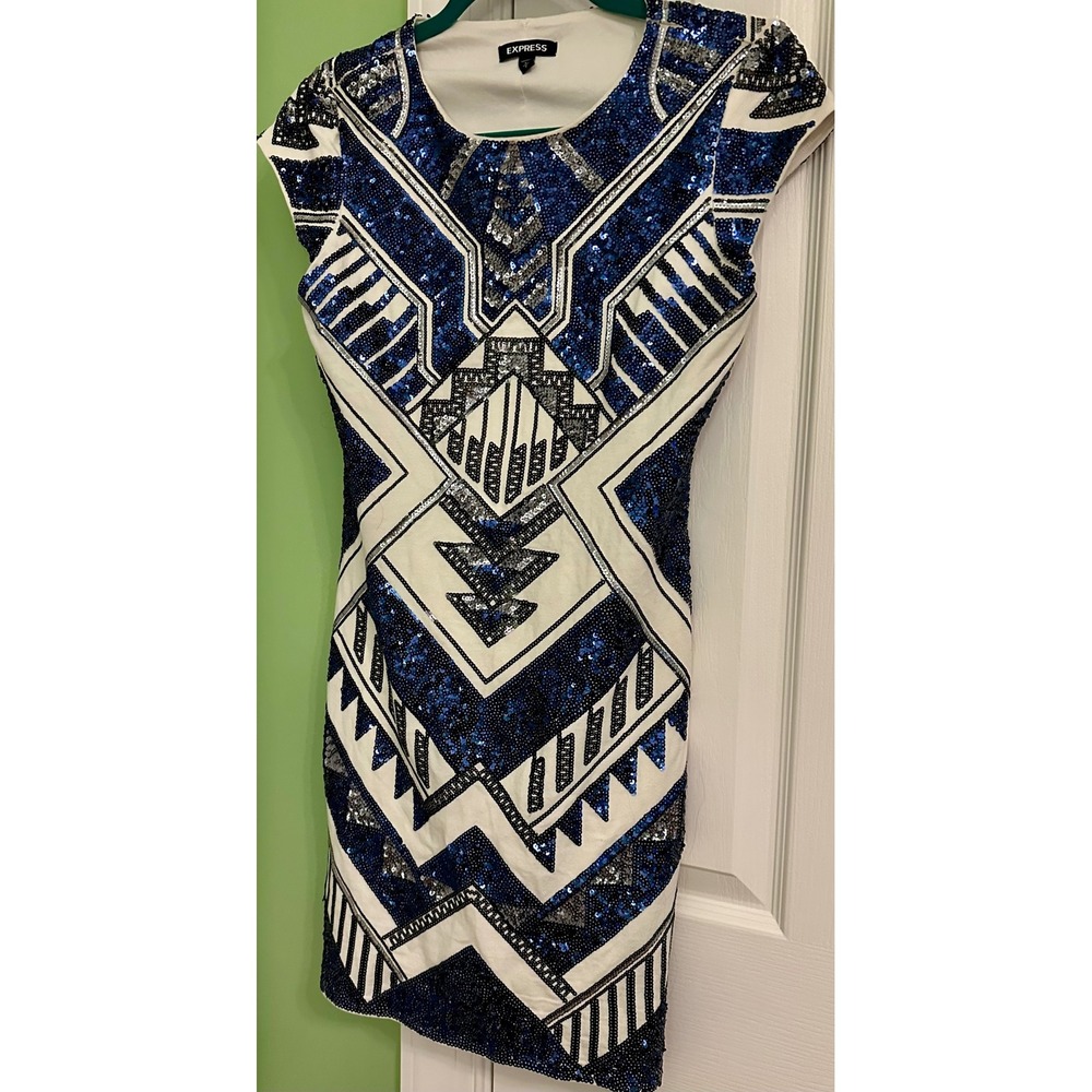 Express Sequin Geometric Art Deco‎ Flapper Dress Blue Silver White Size S
